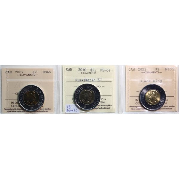 2007 $2 ICCS Gem Mint State-65, 2010 "Numismatic BU" ICCS Superb Gem Mint State-67, 2022 "Black Ring