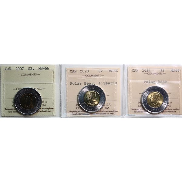 2007 $2, 2023 "Polar Bear; 4 Pearls" , 2024 "Polar Bear". All 3 coins ICCS Superb Gem Mint State-66