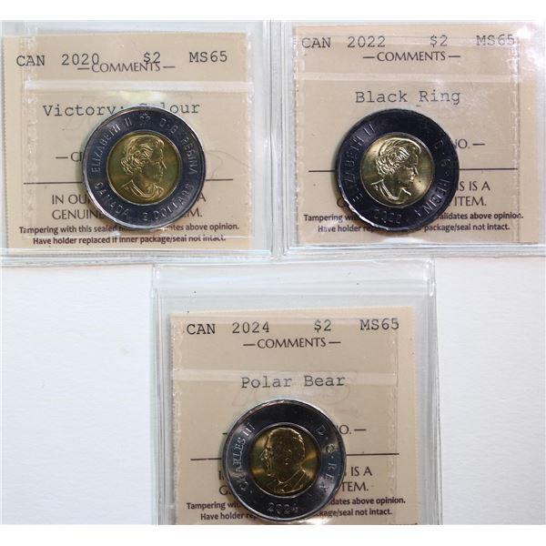 2020 $2 "Victory; Colour",  2022 "Black Ring", 2024 "Polar Bear".  Lot of 3 coins ICCS Gem Mint Stat
