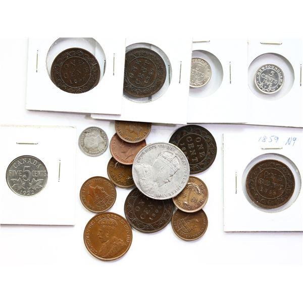 Canadian Coin Lot;  1859 1¢(3), 1887, 1900H, 1912, 1881H 5¢, 1922 5¢, Nfld 1941c 5¢, 1943c, 1909 50¢