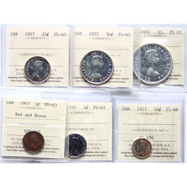 1957 Proof-Like set; All 6 coins ICCS graded as follow; 1¢ Choice Mint State-63, 5¢ Gem Proof-Like-6
