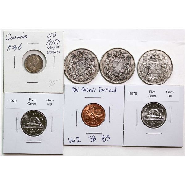 Decimal Lot; 1965 1¢ "Dbl Queen's Forehead", 1910 5¢ "Ptd Lvs", 1970 (2), 1942 50¢ (2), 1951.  VG to
