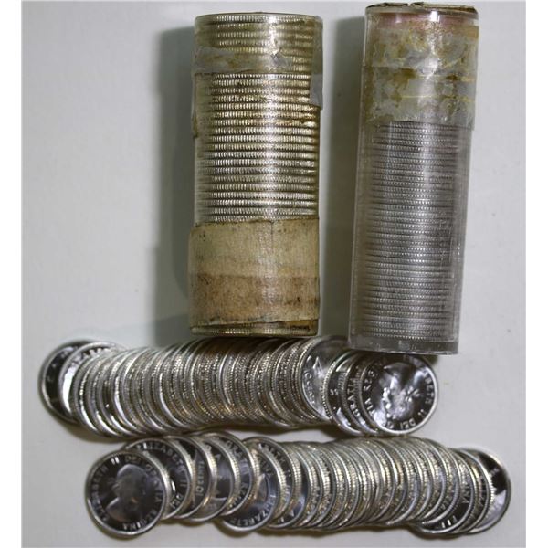 BU Rolls;  Silver 1956 10¢ (2) & 1956 25¢ UNC to BU rolls.  Lot of 3 rolls in plastic tubes.  Unsear