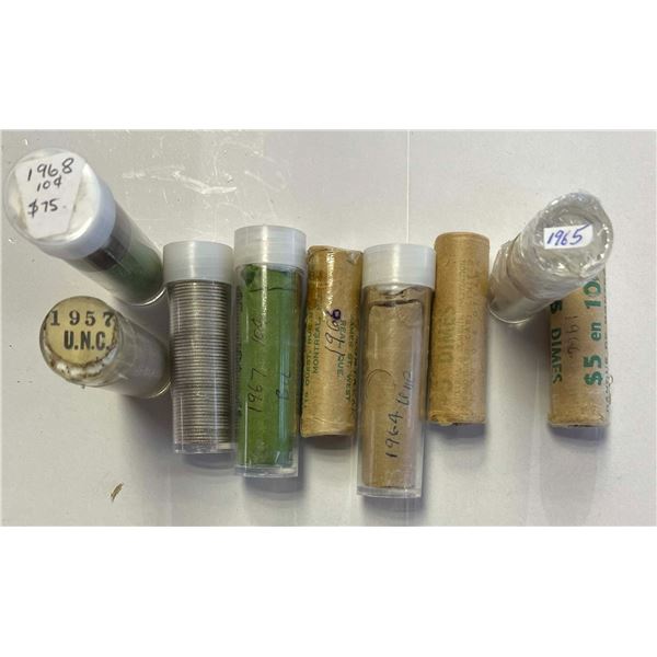 BU Rolls;  Silver 1956 10¢ (2), 1964, 1965, 1966 (2), 1967 (2) & 1968.  Lot of 9 UNC to BU rolls (3 