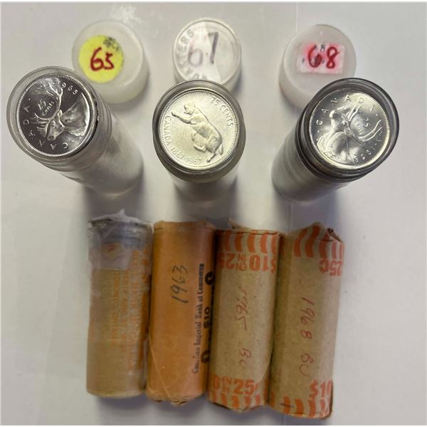 BU Rolls;  Silver 1963 25¢, 1965 (2), 1967 & 1968 (2).  Lot of 6 Silver rolls AU to BU issues.  Unse