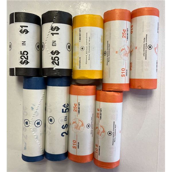 BU Rolls;  2005 5¢, 2005 25¢(4), 2005 50¢ & 2005 $1 T. Fox(2).  Lot of 9 rolls in original wraps.