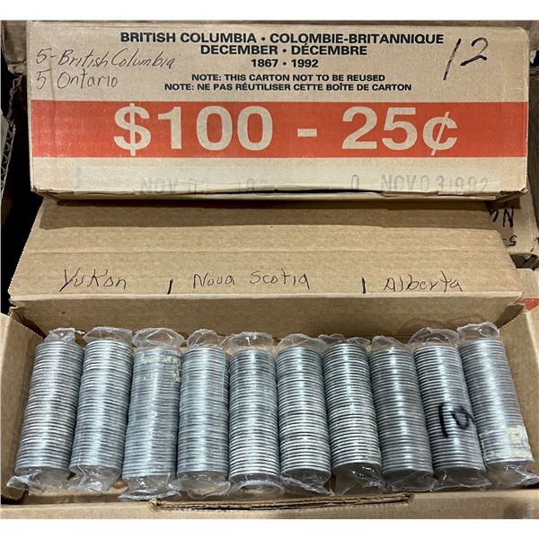 BU Rolls;  1992 25¢ Yukon(3), Nova Scotia(14), Alberta(3), P.E.I.(6), Saskatchewan(5), British Colum