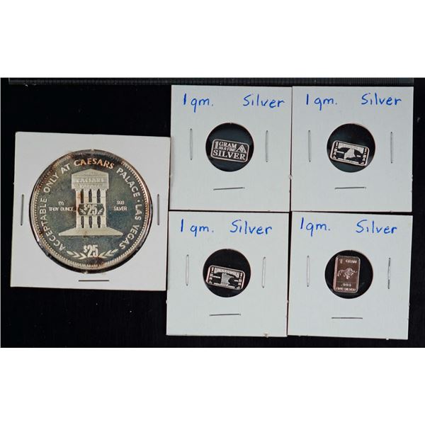 Bullion;  Silver lot includes Las Vegas Nevada silver round 1½ oz & 4 different 1 grm ingots.