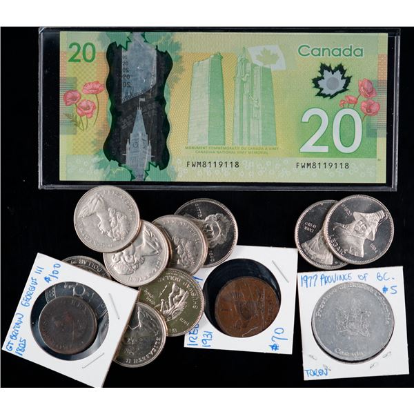 Coin & banknote lot; includes 2012 $20 Radar, token, Trade dollars, Nickel dollars and a couple of w