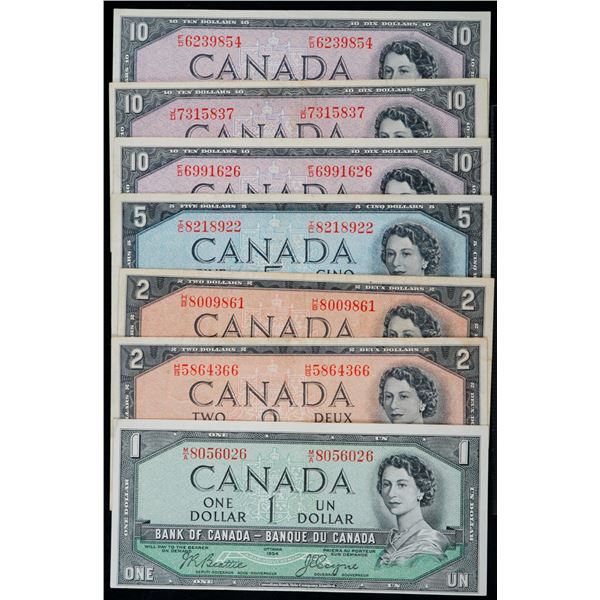 Devil's face Lot; 1954 $1 BC-29b, $2 BC-30b (2), $5 BC-31b, $10 BC-32b (2).  Lot of 7 notes with Bea