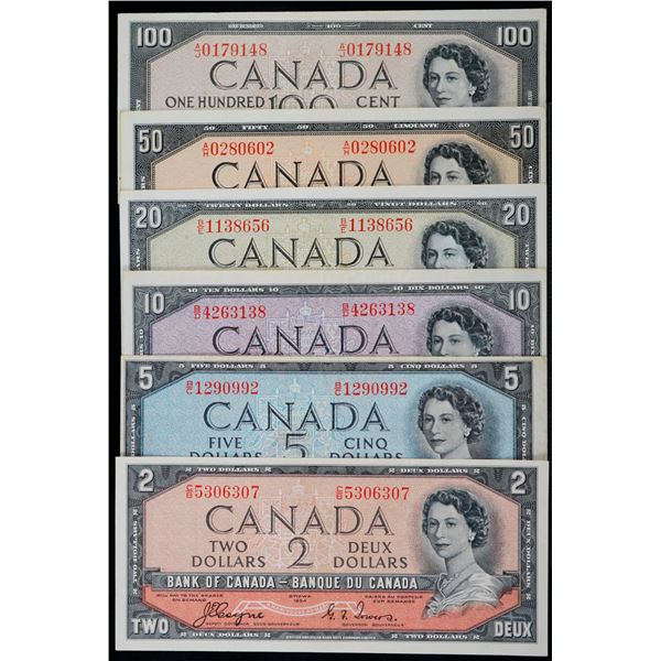 Devil's face Set; 1954 $2 BC-30a, $5 BC-31a, $10 BC-32a, $20 BC-33a, $50 BC-34a  Lot of 7 notes with