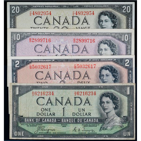 1954 Devil's Face set; includes $1, $2, $10, $20, all 4 notes with Bcoyne-Towers signatures  VF to E