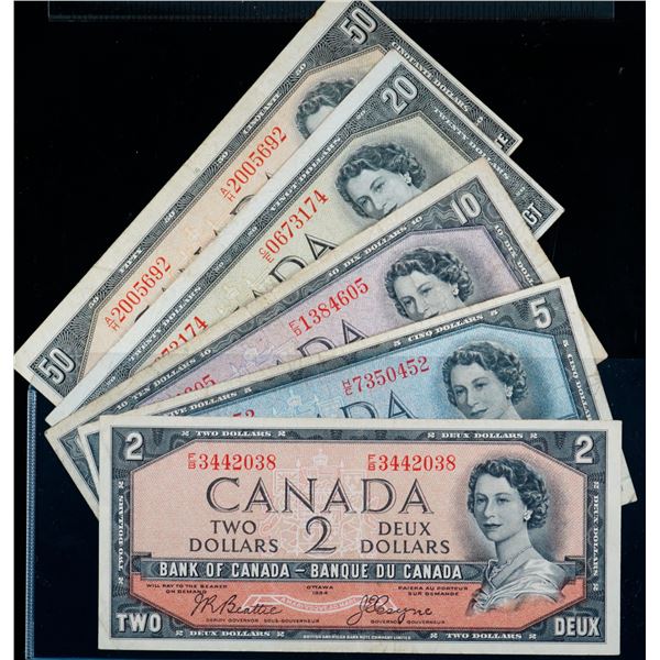 1954 Devil's Face set; includes $2, $5, $10, $20, $50, all 5 notes with Beattie-Coyne signatures  Fi