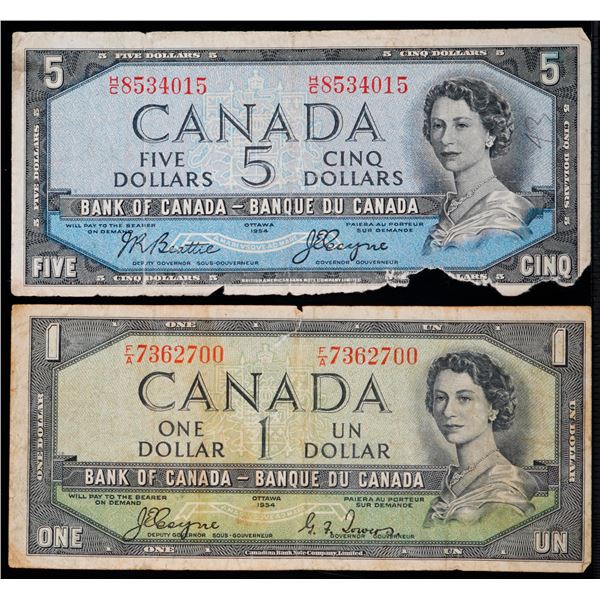 1954 $1 BC-29a #F/A7362700, $5 BC-31b H/C8534015, Both notes Fine with issues.