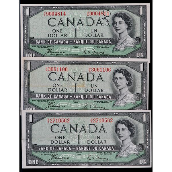 1954 $1 BC-29a VF+ or better.  Lot of 3 Devil's face notes.