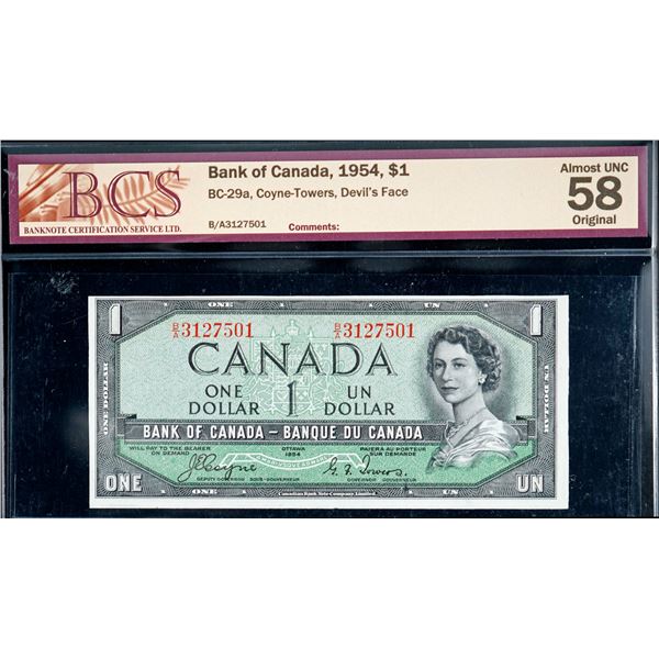 1954 $1 BC-29a, BC-29b. Both notes certified Choice About Uncirculated-58 devil's face
