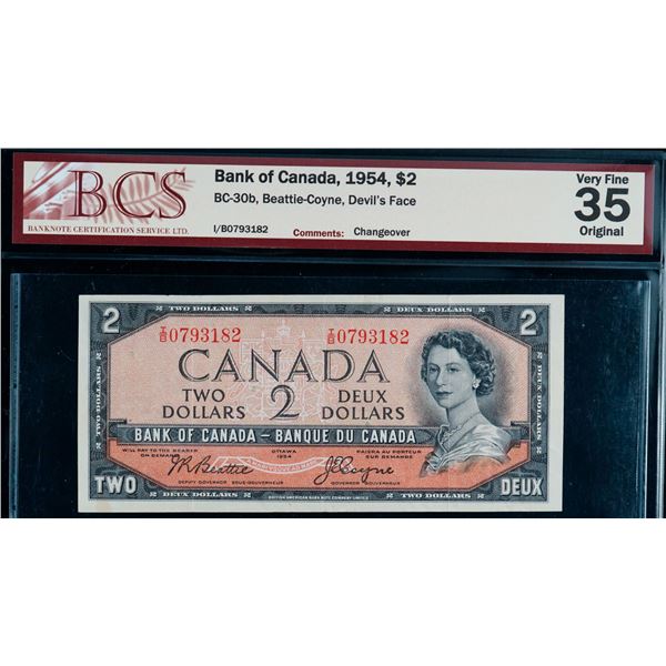 1954 $1 BC-29b #H/A9321816 BCS Choice Very Fine-30 Changeover, stain.  Devil's face
