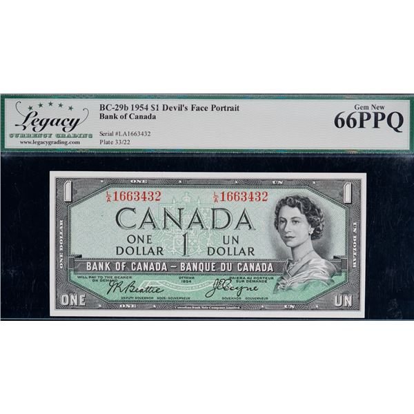 1954 $1 BC-29b #L/A1663432 Legacy Superb Gem Uncirculated-66PPQ Devil's face