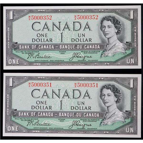 1954 $1 BC-29b #M/A5000351-0352.  Lot of 2 consecutive Devil's Face notes.  Choice Unc to Gem Unc.