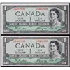 Image 1 : 1954 $1 BC-29b #S/A9402838-2839.  Lot of 2 consecutive Devil's Face notes in EF condition.