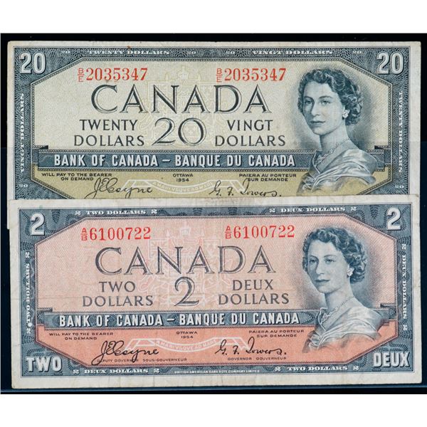 1954 $2 BC-30a #A/B6100722, $20 BC-33a #B/E2035347 Both notes F to VF.