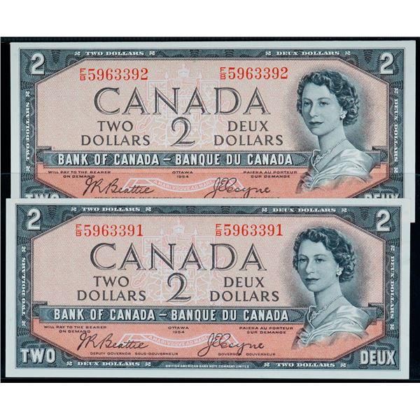 1954 $2 BC-30b #F/B5963391-3392.  Lot of 2 consecutive Devil's Face notes in AU condition.