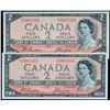 Image 1 : 1954 $2 BC-30b #F/B5963391-3392.  Lot of 2 consecutive Devil's Face notes in AU condition.
