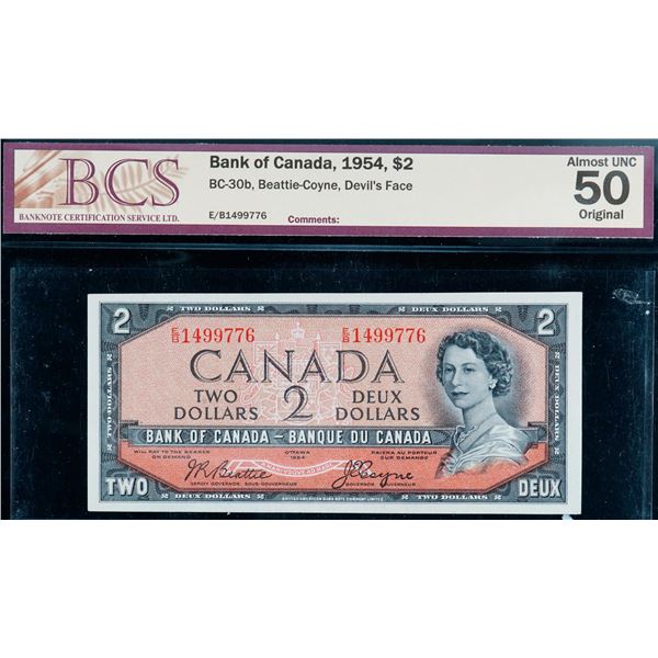1954 $2 BC-30b #E/B1499776 BCS About Uncirculated-50, Devil's face