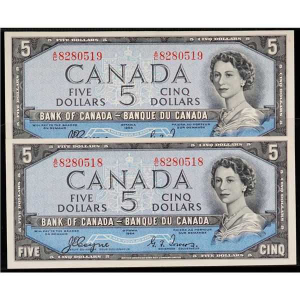 1954 $5 BC-31a #A/C8280518-0519.  Lot of 2 consecutive Devil's Face notes in AU or better.
