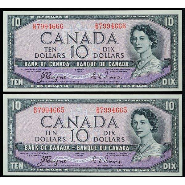 1954 $10 BC-32a #D/D7994665-4666.  Lot of 2 consecutive Devil's Face notes in AU or better.