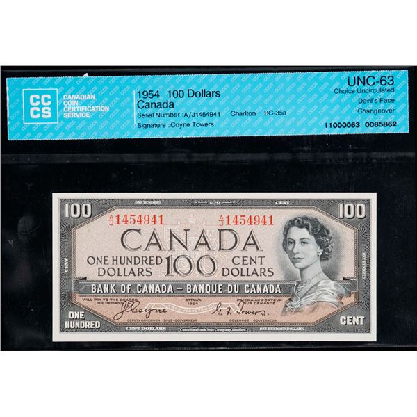 1954 $100 BC-35a #AJ1454941, CCCS Choice Uncirculated-63. Devil's face