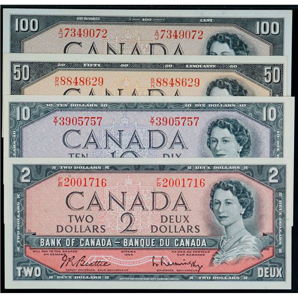 1954 Partial Set; includes $2  BC-38b, $10 BC-40b, $50 BC-42c, $100 BC-43a Lot of 4 notes AU to Unci