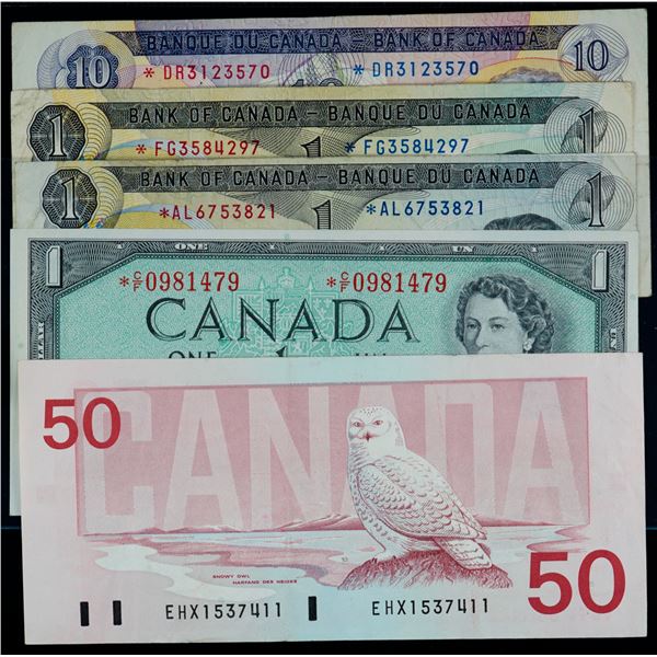 1954 $1 *C/F, 1973 $1 *AL, *FG, 1971 $10 *DR, 1988 $50 EHX Lot of 5 replacement notes.  VF or better
