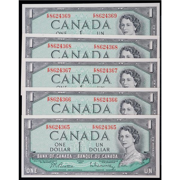 1954 $1 BC-37b-i #E/P8624365-4369.  5 Consecutive notes in Gem Uncirculated or better.