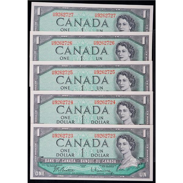 1954 $1 BC-37b-i #H/M9262723-2727.  5 Consecutive notes in Gem Uncirculated or better.