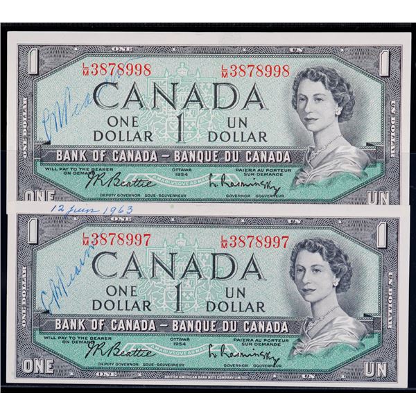 1954 $1 BC-37b-i #L/M3878997-998 Both notes signed by Prime Minister "Pearson" on June 12th 1963.  E