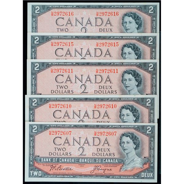 1954 $2 BC-38a #N/B Beattie-Coyne.  Lot of 5 notes in Uncirculated or better.
