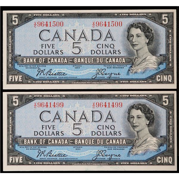 1954 $5 BC-39a-i #V/C9641499-1500  Lot of 2 consecutive notes Choice Unc to Gem Unc.