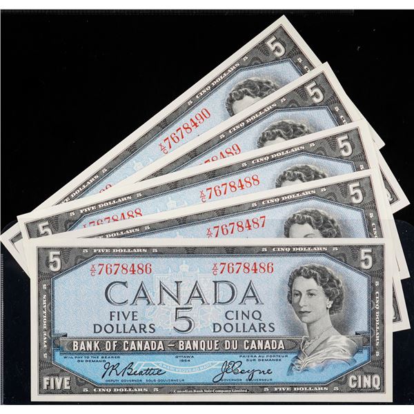 1954 $5 BC-39a-i #X/C7678486-8490 Beattie-Coyne.  Lot of 5 notes in Gem Uncirculated or better.