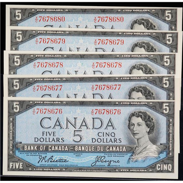 1954 $5 BC-39a-i #X/C7678676-8680 Beattie-Coyne.  Lot of 5 notes in Uncirculated or better.