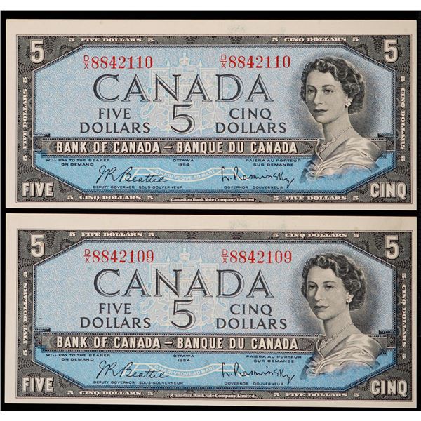 1954 $5 BC-39b #D/X8842109-110  Lot of 2 consecutive notes EF-AU.