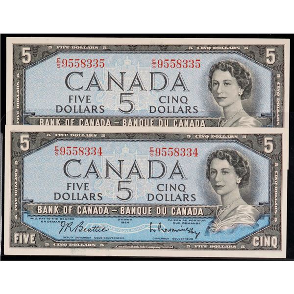 1954 $5 BC-39b #E/S9558334-8335  Lot of 2 consecutive notes EF
