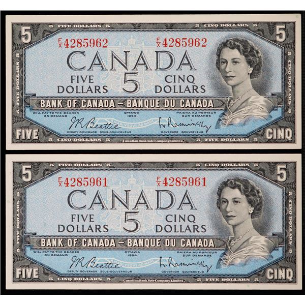 1954 $5 BC-39b #F/X4285961-5962 Lot of 2 consecutive notes AU