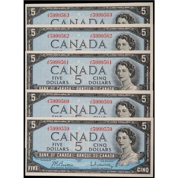 1954 $5 BC-39b #J/X5999559-9563  Lot of 5 consecutive notes Choice Unc to Gem Unc.