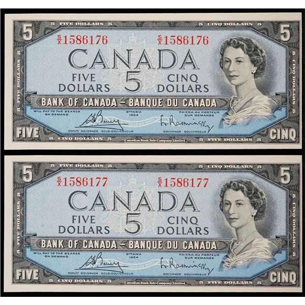 1954 $5 BC-39c #S/X1586176-6176  Lot of 2 consecutive notes Uncirculated.
