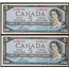Image 1 : 1954 $5 BC-39c #S/X1586176-6176  Lot of 2 consecutive notes Uncirculated.