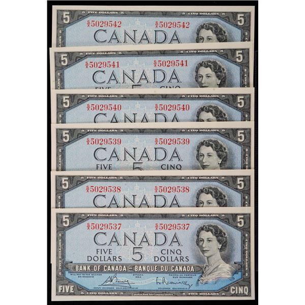 1954 $5 BC-39c #S/X5029537-9542  Lot of 6 consecutive notes Choice Unc to Gem Unc.