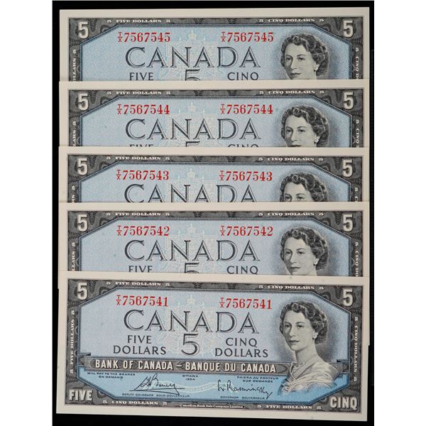 1954 $5 BC-39c #T/X7567541-7545  Lot of 5 consecutive notes Choice Unc to Gem Unc.