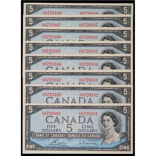 1954 $5 BC-39c #U/X0729101-9108  Lot of 8 consecutive notes Choice Unc to Gem Unc.