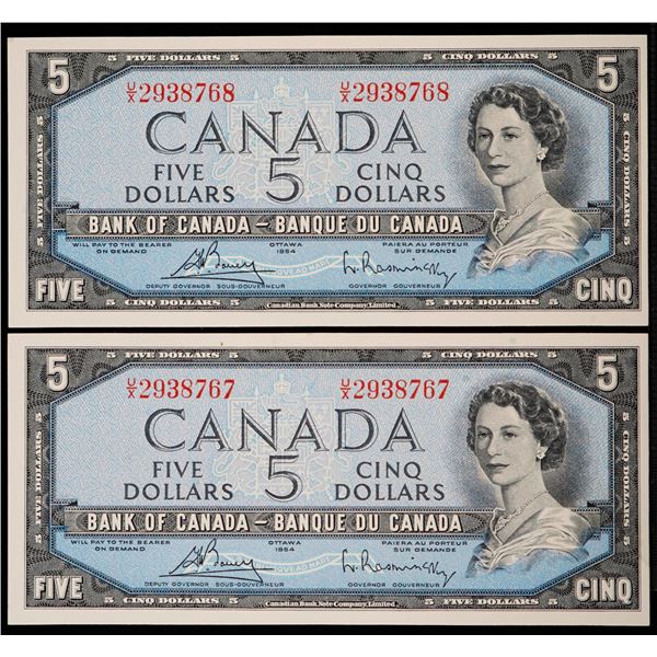 1954 $5 BC-39c #U/X2938767-8768  Lot of 2 consecutive notes Choice Unc to Gem Unc.